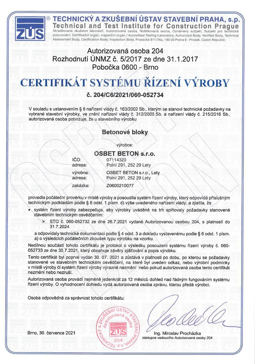 Certifikát systému řízení výroby - Betonové bloky - OSBET BETON